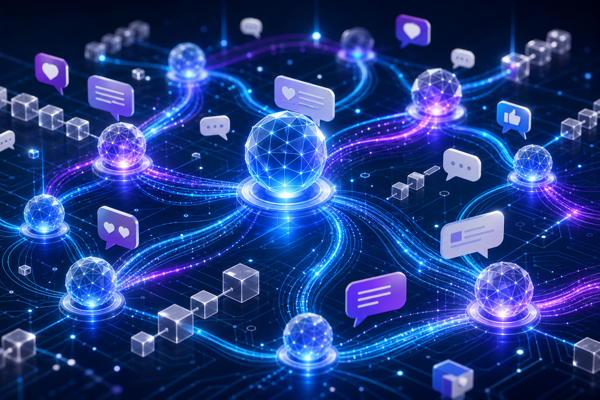Vibrant network of glowing nodes connected by data streams with chat bubbles and like icons, representing decentralized social networks