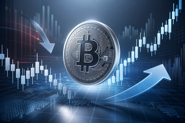 Bitcoin coin with rising and falling price arrows representing long and short CFD positions