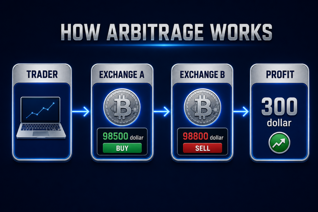 Four-step arbitrage flow diagram: trader, exchange A buying Bitcoin at the lower price, exchange B selling Bitcoin at the higher price and resulting profit equal to the spread