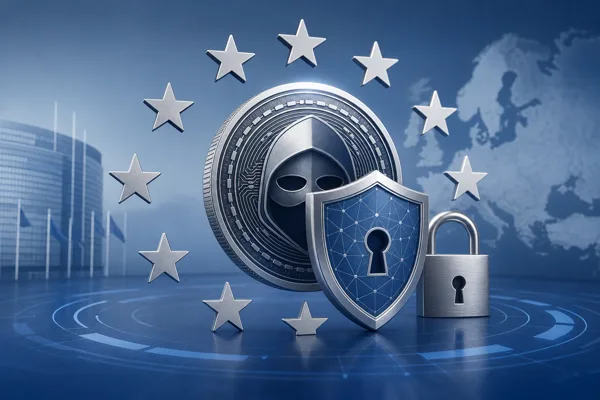 European Union stars enclosing a shielded digital coin, illustrating EU regulation of privacy coins under the 2027 AMLR rules