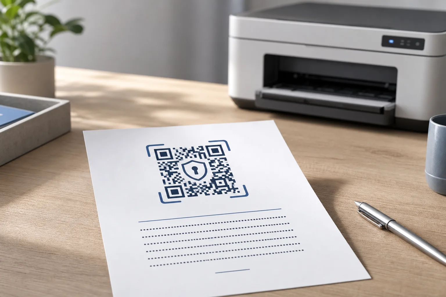 Printed paper sheet with QR code symbol and dotted secret key lines next to a home printer