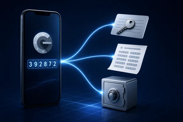 Smartphone showing 2FA verification code with backup symbols representing key, paper printout, and secure vault