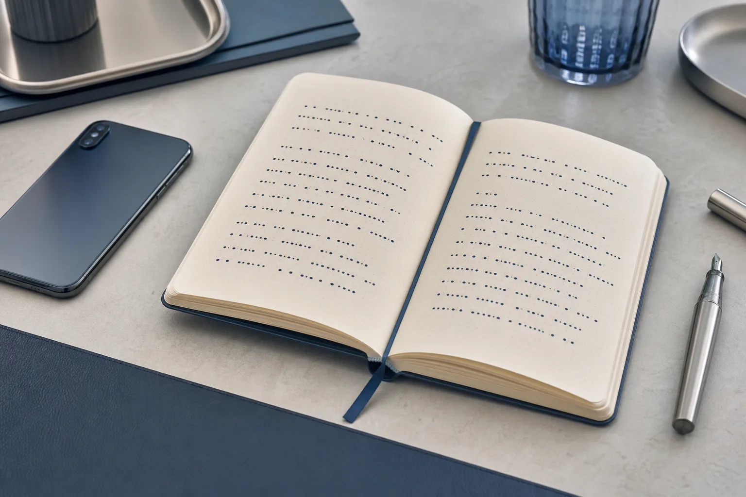 Open notebook with handwritten code lines and fountain pen next to a smartphone on a desk