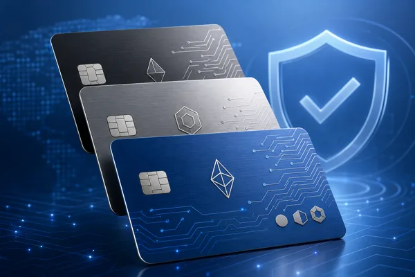 Sleek metallic crypto debit cards fanned out with abstract blockchain patterns