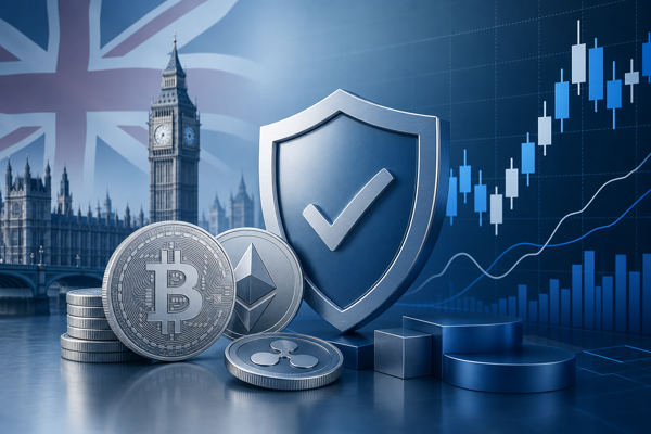 FCA-regulated UK crypto exchanges illustration with coins, a candlestick chart and a compliance shield in silver and blue