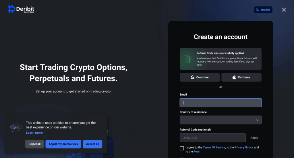 Deribit Optionen und Futures Handelsinterface