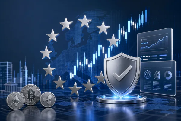 EU stars, candlestick charts and a licensing shield representing MiFID II-regulated crypto derivatives platforms in Europe