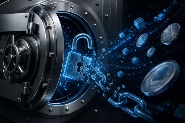 Illustration of a breached crypto exchange vault with a broken padlock and coins escaping, representing major cryptocurrency hacks
