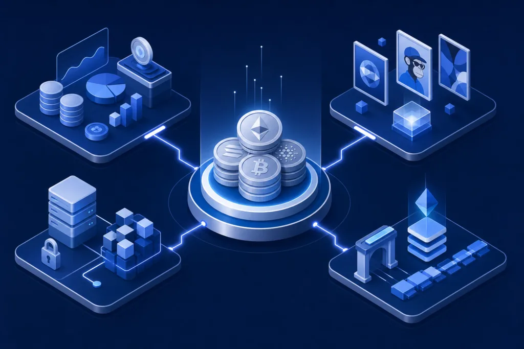 Een gediversifieerde crypto-investeringsportefeuille met DeFi, NFT's en infrastructuur