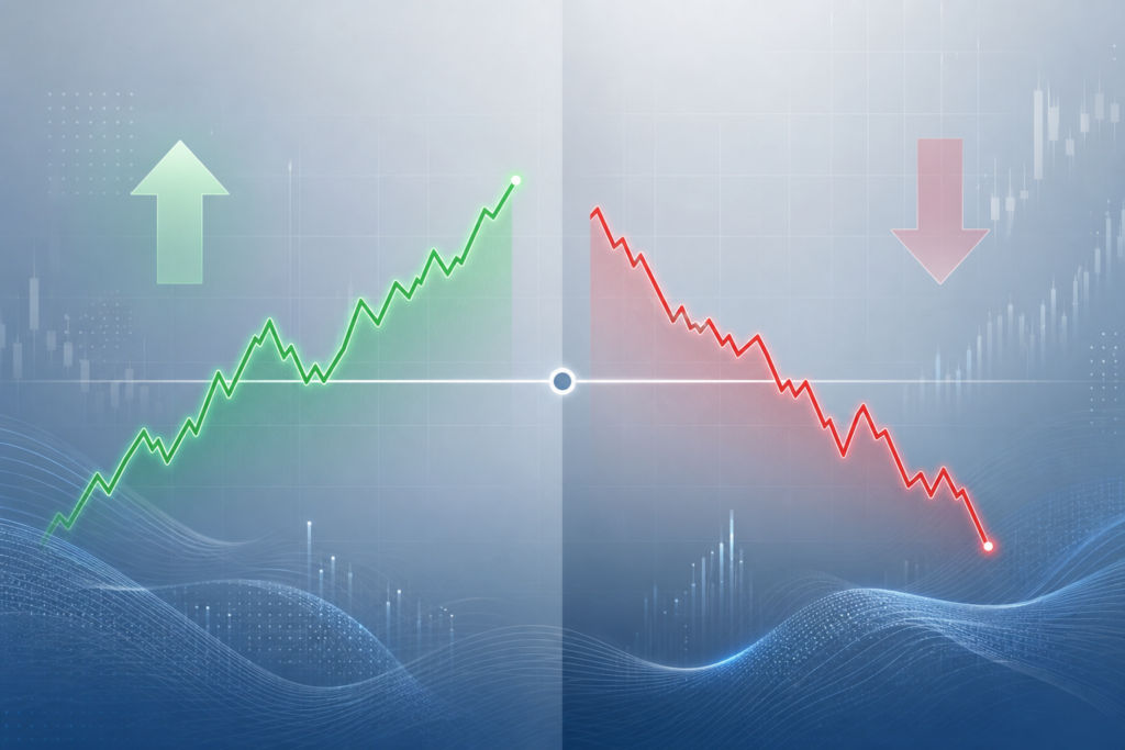 Diagramm mit einer grün steigenden Preislinie für eine Long-CFD-Position und einer rot fallenden Preislinie für eine Short-CFD-Position