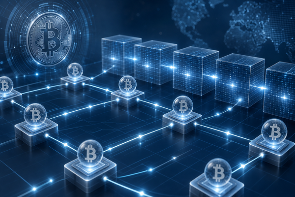 Illustration of a Bitcoin transaction flowing through a blockchain network with connected nodes