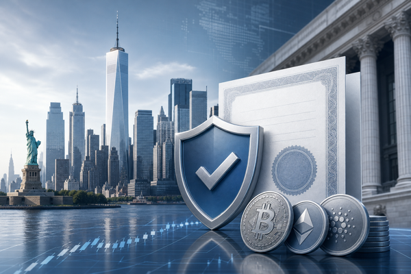 New York City skyline with a crypto license document, compliance shield, and digital coins representing BitLicense-regulated exchanges