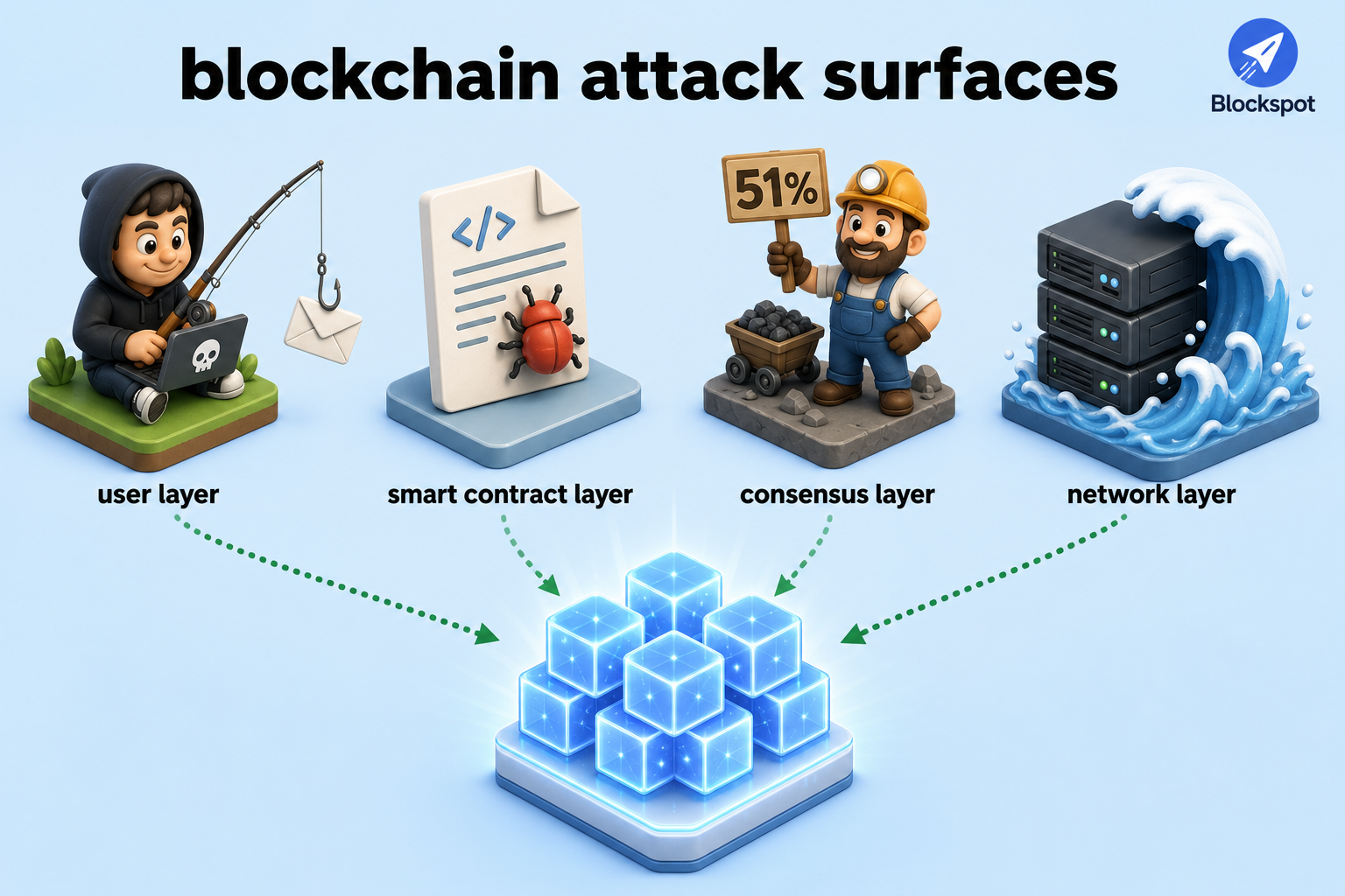 Diagram van blockchain-aanvalsoppervlakken op de gebruikers-, smart contract-, consensus- en netwerklaag