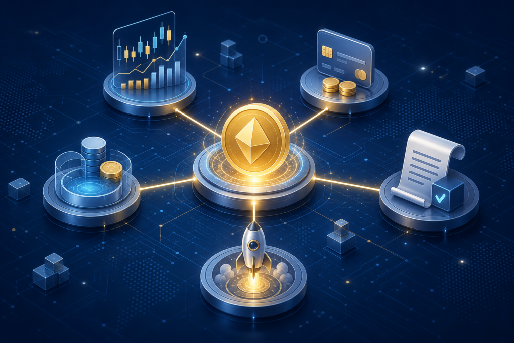 Illustration of the Binance ecosystem connecting trading, payments, DeFi, and BNB Chain