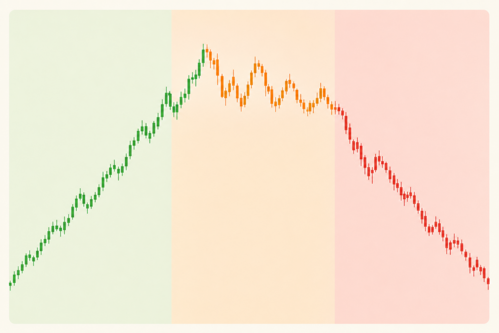 Grafiek van een bullmarkt die piekt en omslaat in een neerwaartse trend