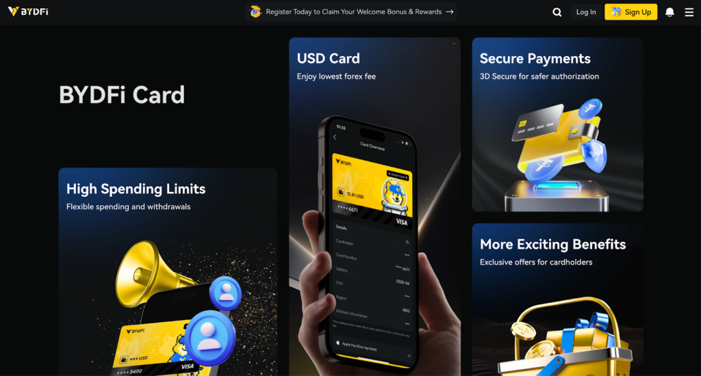 BYDFi crypto debitcard met Visa-ondersteuning op donkere achtergrond