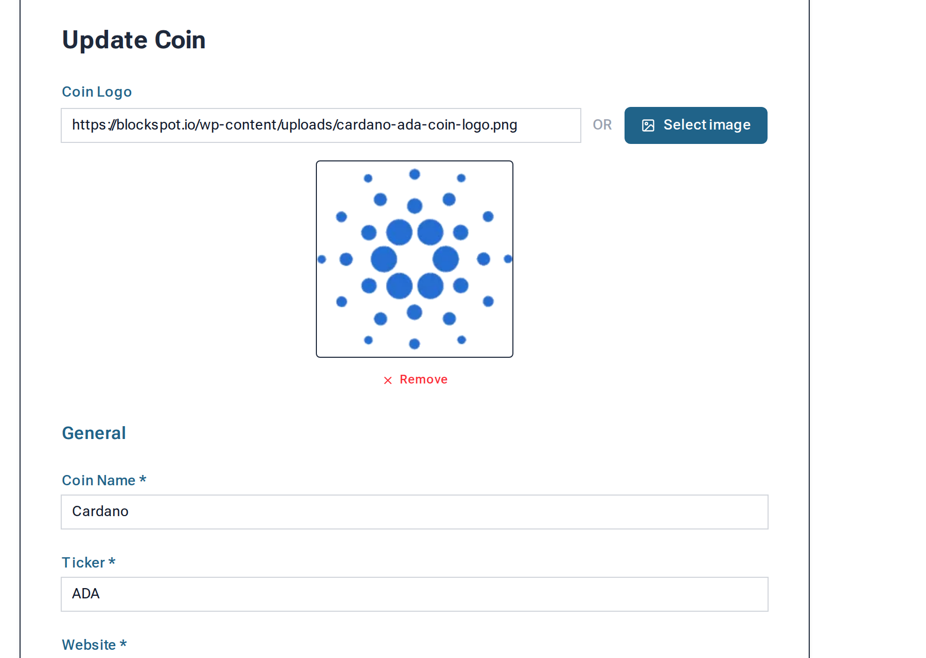 Portal Update Coin form, pre-filled with current data