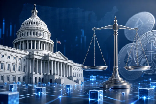 US Capitol building beside a scale of justice and blockchain nodes representing crypto regulation