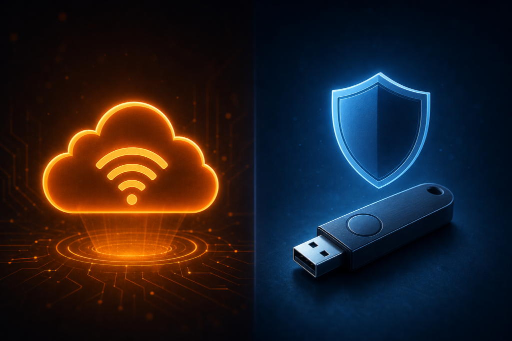 Illustratie van hot wallet online opslag versus cold storage hardware wallet