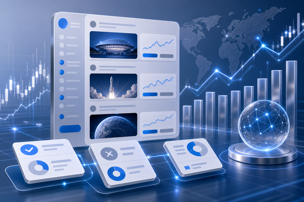 Abstract illustration of prediction market charts merging with a social media feed in silver and blue tones