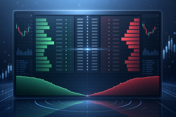 Illustration of a cryptocurrency order book showing buy and sell orders with a depth chart