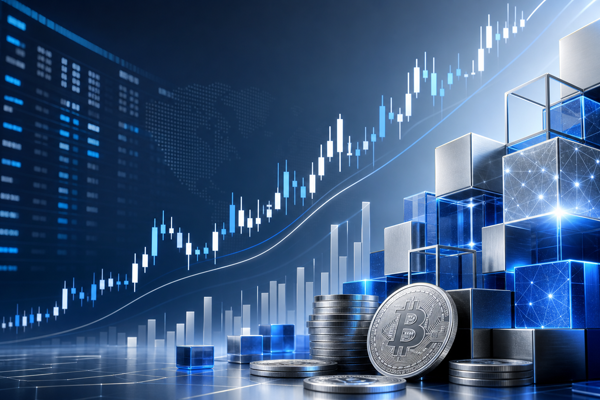 Crypto and blockchain stocks concept with stock market chart lines and blockchain motifs