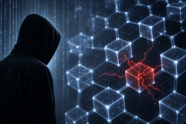 Hooded threat actor facing a glowing blockchain mesh with one cracked red node
