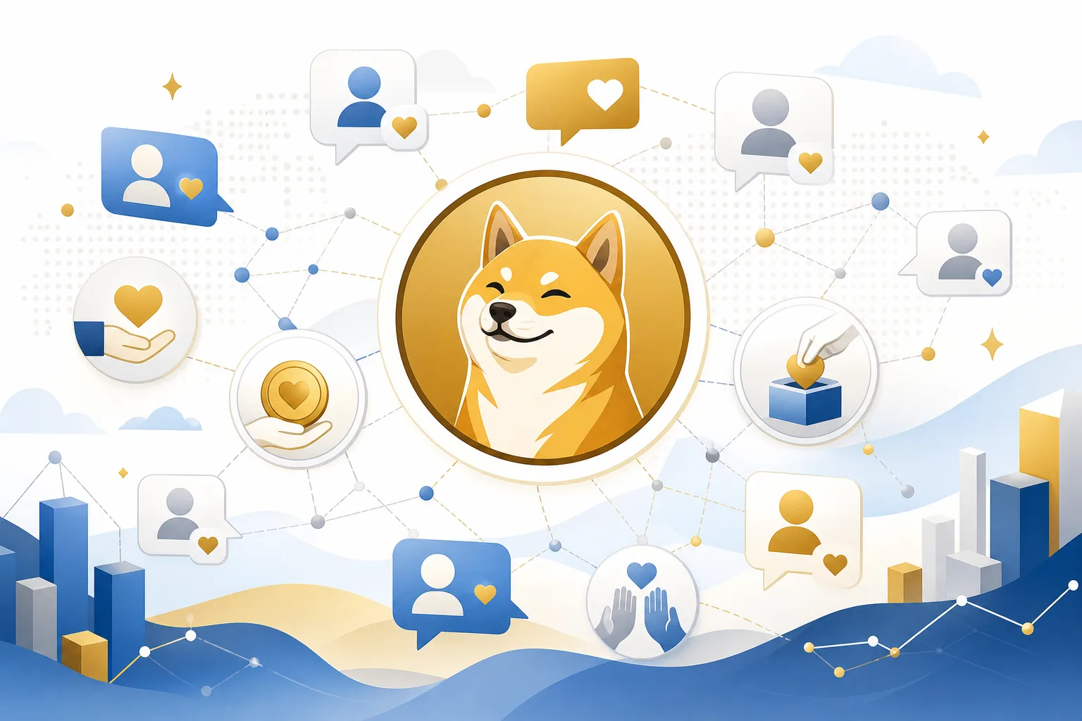 Illustration of the Dogecoin online community, tipping, and charitable giving