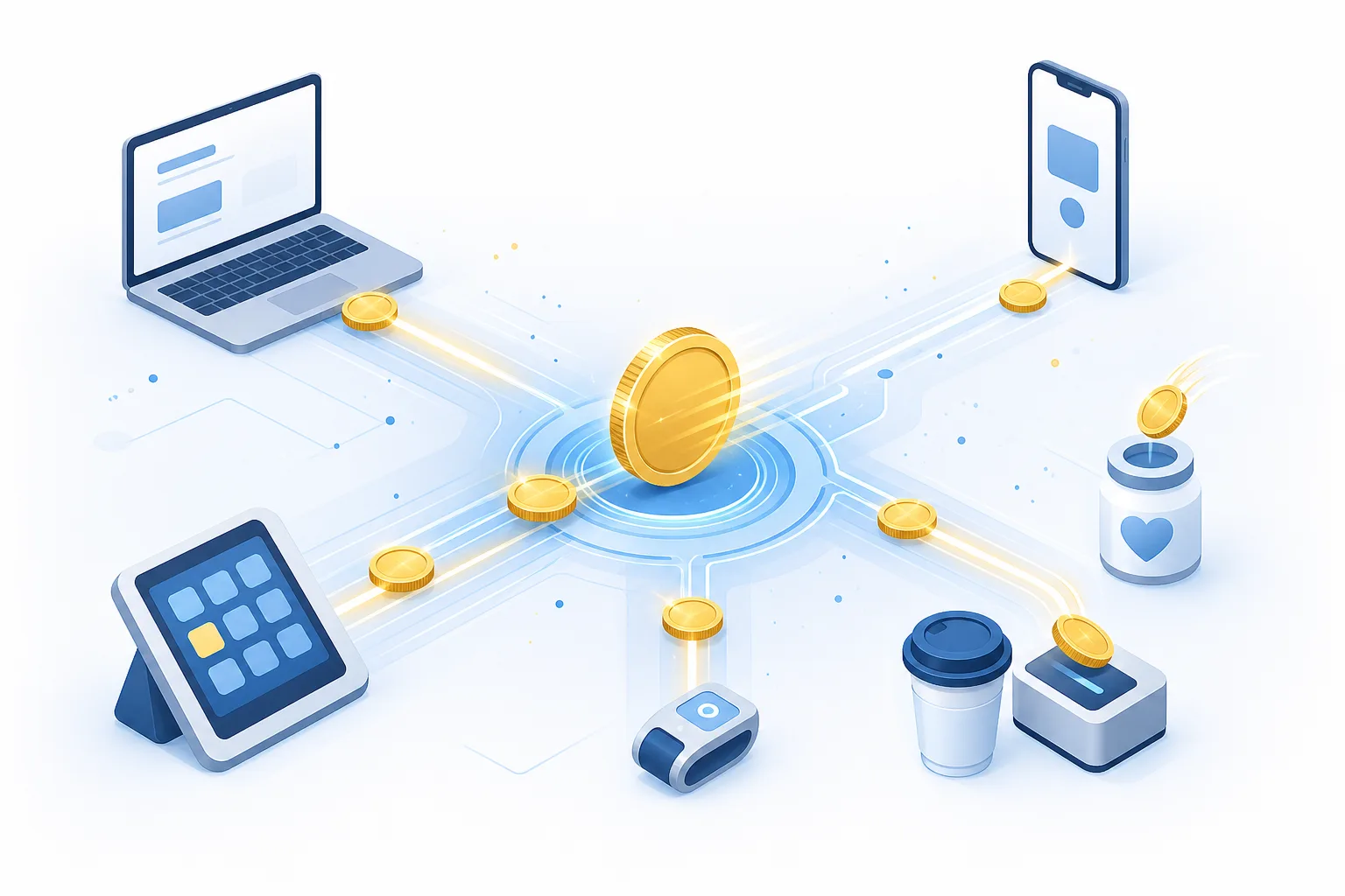 Illustration of fast, low-fee Dogecoin micropayments across devices