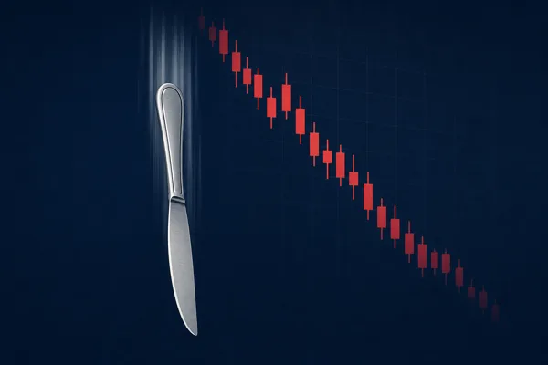 Stylised silver knife falling through a chart of red descending candles on a dark navy background