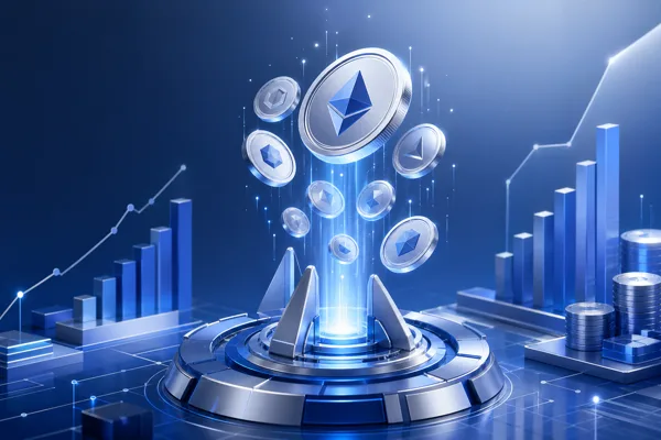 Editorial illustration of glowing crypto tokens rising from a stylized fundraising platform with chart elements, representing an ICO token launch.