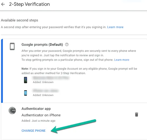 Wijzig telefoon op de Google 2 Factor authenticatie pagina