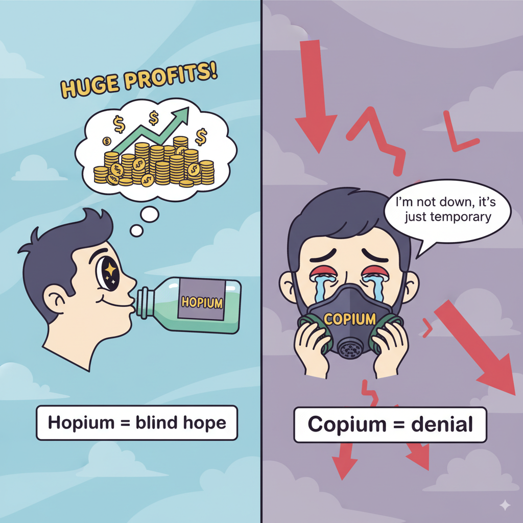 Illustration des Gegensatzes zwischen Hopium und Copium im Krypto-Trading
