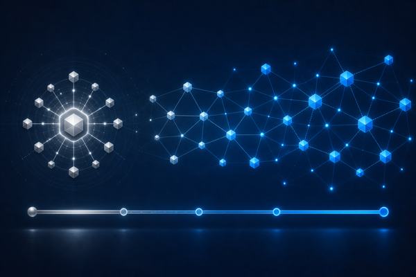 Abstract illustration of decentralization, showing a centralized node cluster transitioning to a dispersed peer-to-peer network