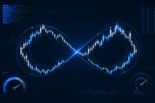 Editorial illustration of a candlestick price chart forming a perpetual infinity loop