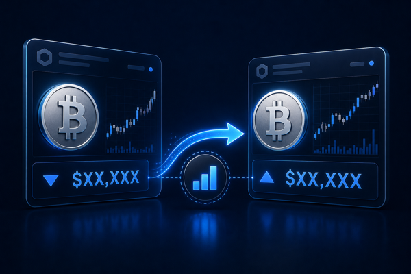 Editorial illustration of two crypto exchanges showing the same Bitcoin asset at different prices with an arrow capturing the spread