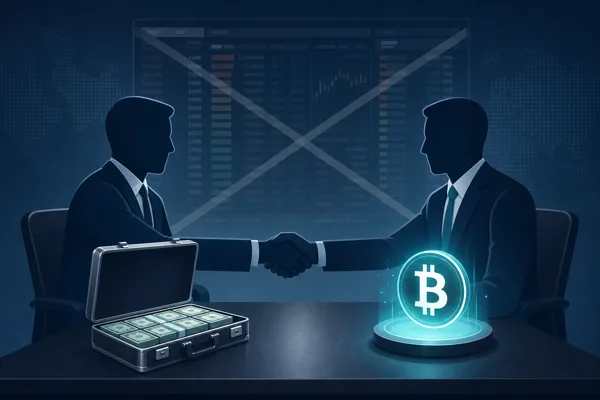 Two figures shaking hands in a private OTC crypto trade with a dimmed exchange order book behind them