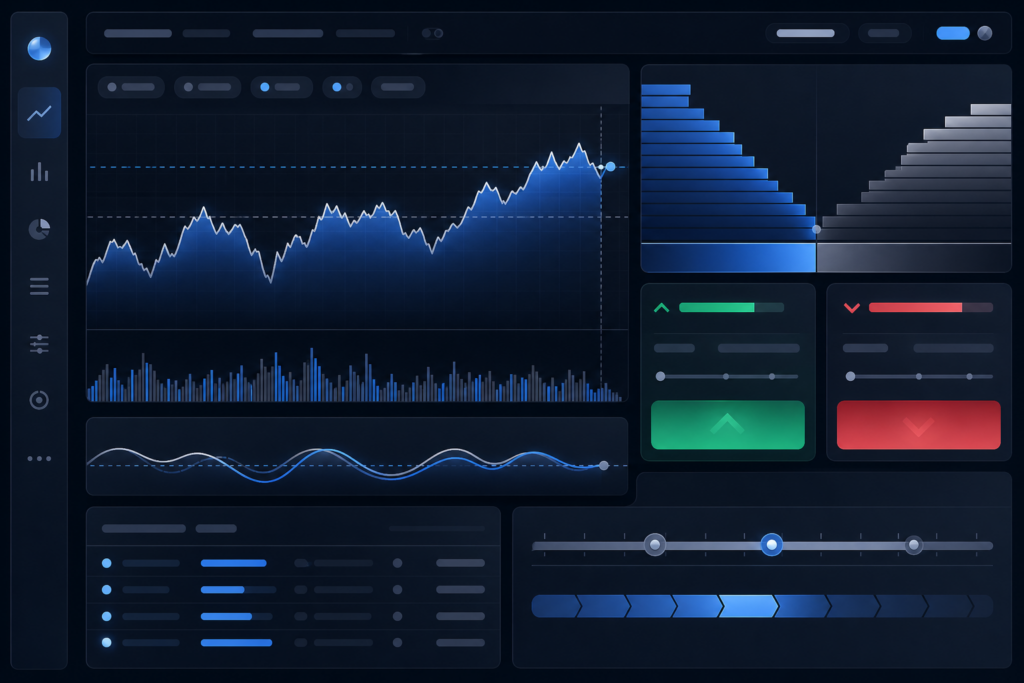 Konzept eines Ventuals-Trading-Dashboards mit Bewertungs-Perpetual-Charts und Long-/Short-Positionen