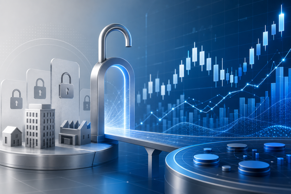 Abstract illustration showing private company valuations opening up to public trading on a blue financial chart
