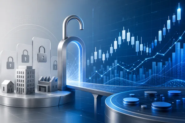 Abstract illustration showing private company valuations opening up to public trading on a blue financial chart