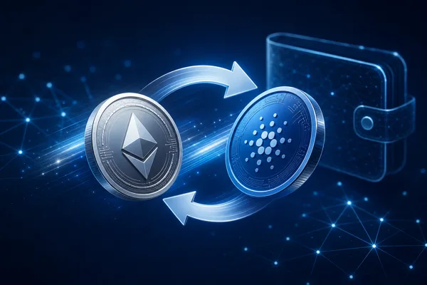 Illustration of two cryptocurrencies being swapped directly between wallets