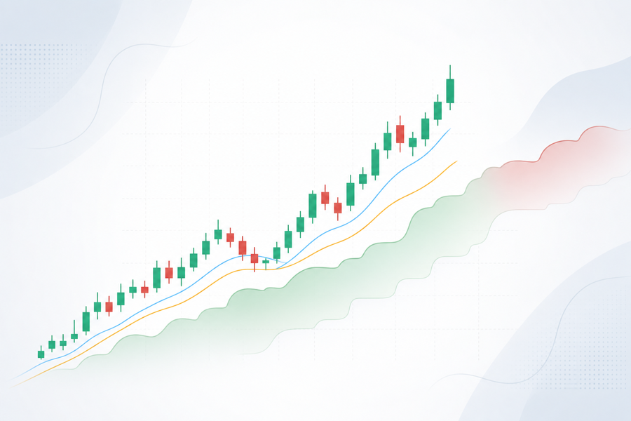 Candlesticks rising out of a shaded Ichimoku cloud with the conversion and base lines crossing