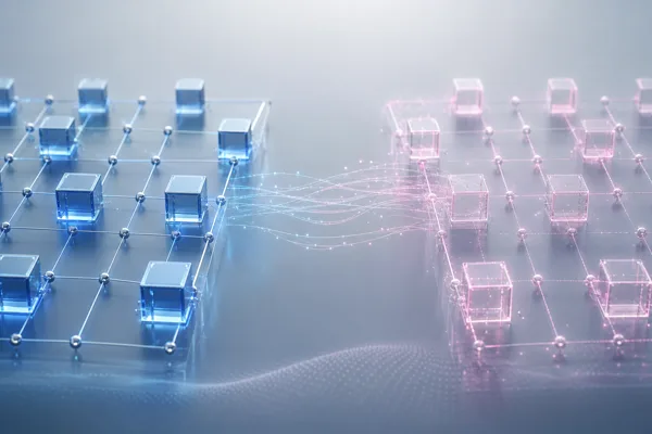 Illustration comparing mainnet and testnet blockchain networks as parallel node grids