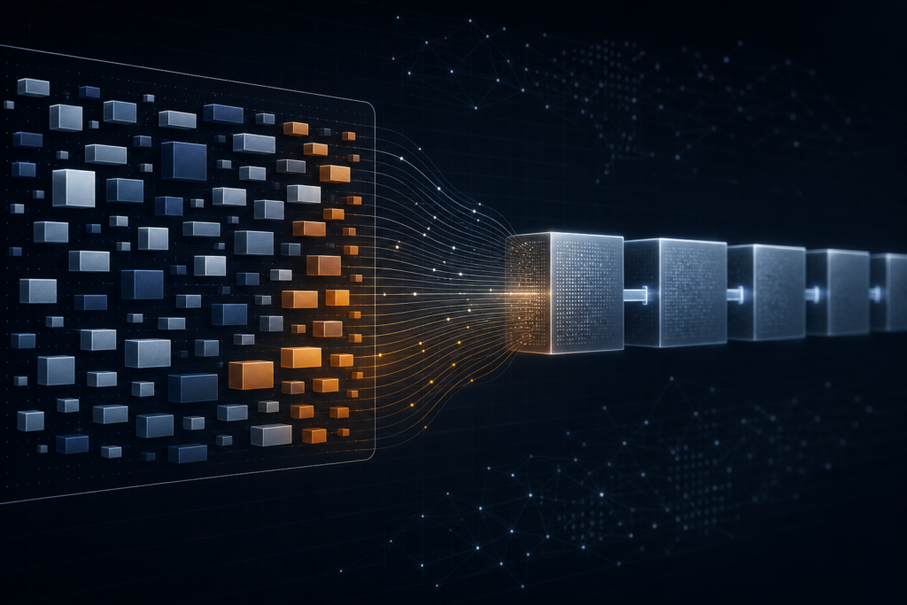 Abstract editorial illustration of Bitcoin mempool transactions flowing into confirmed blocks