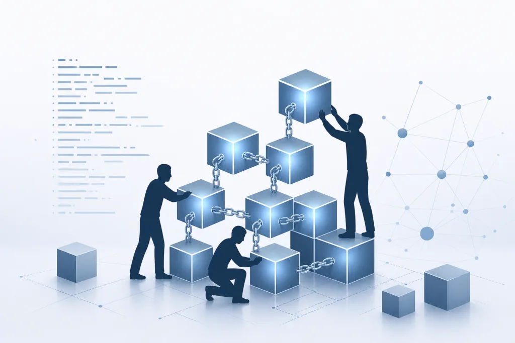 Silhouette figures assembling a blockchain structure, representing the builders of cryptocurrency