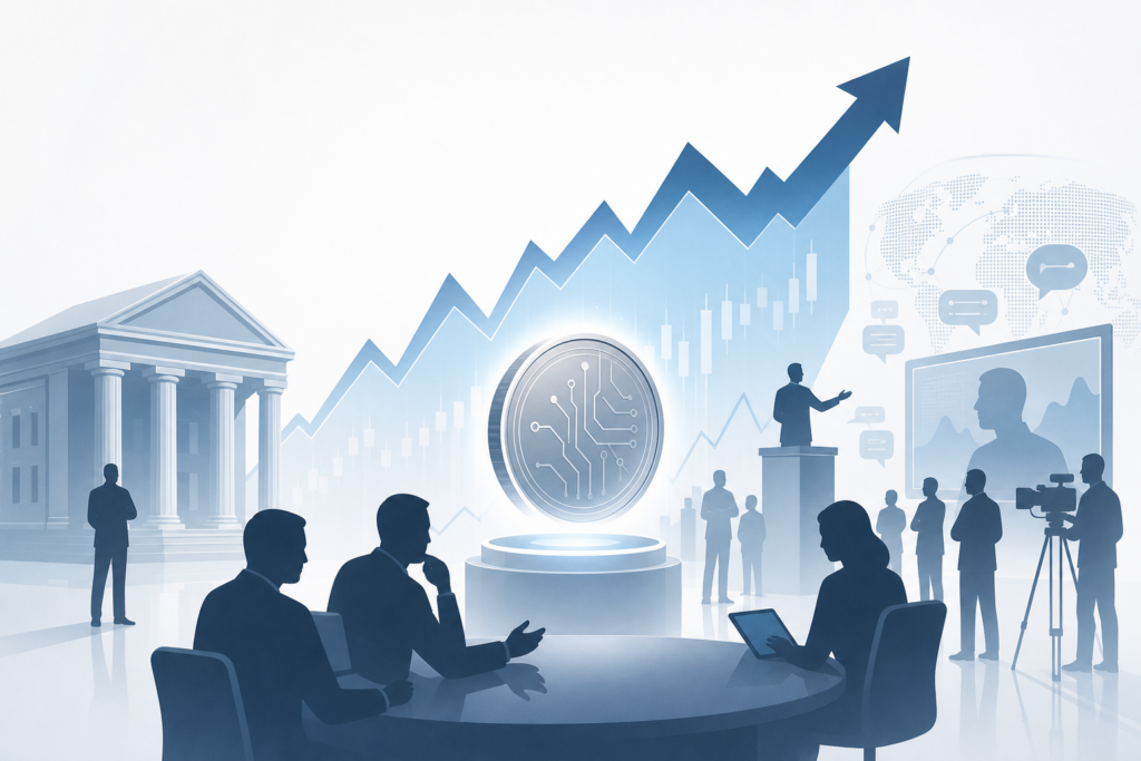 Figuren rond een stijgende marktgrafiek met institutionele en mediamotieven, symbool voor kapitaal en narratieve macht in crypto