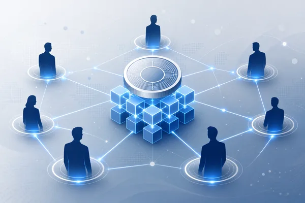 Network of anonymous figures connected to a central crypto coin and blockchain, representing key figures in crypto