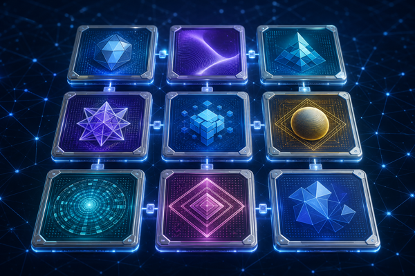 Stylized NFT digital collectible tiles arranged in a grid with blockchain network lines