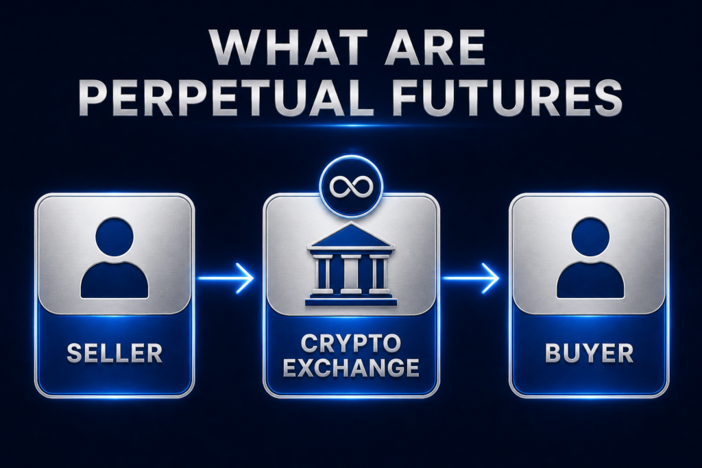 Flow diagram: seller, crypto exchange and buyer connected by a perpetual futures contract with an infinity badge above the exchange showing no expiry