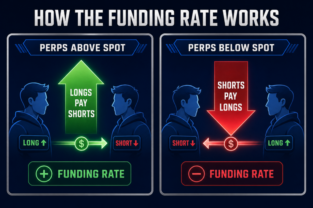 Two-panel diagram: left panel shows perps above spot with longs paying shorts and a positive funding rate; right panel shows perps below spot with shorts paying longs and a negative funding rate